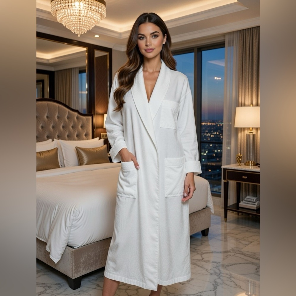 Christian Dior Luxurious Long White Robe 100% Cotton Spa Bath Hotel Luxury Sz M